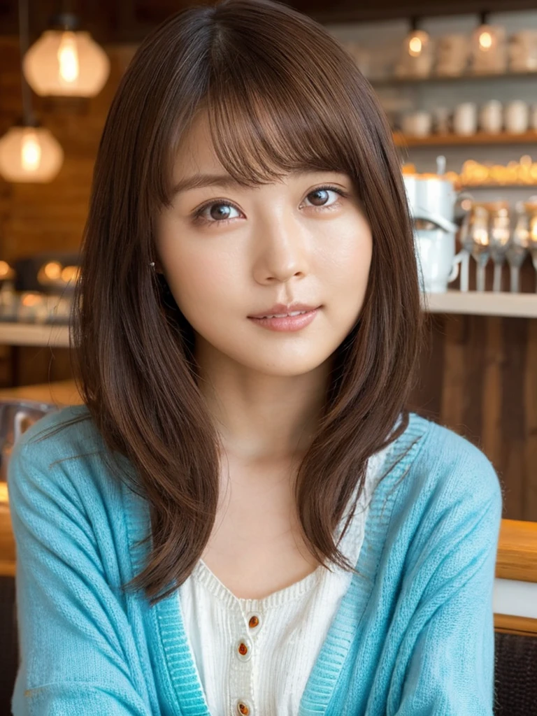 One Girl, (beautiful girl, Delicate girl:1.3),
break, (Cardigan Costume:1.3),
break, (sitting in a cafe:1.2),
break, Very beautiful eyes, (Symmetrical eyes:1.3),
break, Small breasts, Brown eyes, Parted bangs, Brown Hair, (Upper teeth, The best smile:0.2),
break, (Eye and facial details:1.0),
break, (masterpiece, Highest quality, Very detailed, Detailed face, 8k)