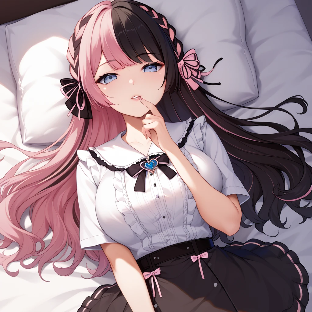 ((Highest quality))、(masterpiece)、(Realistic Shadows)Bed、sleep、girl(Highest quality))、(masterpiece)、(Realistic Shadows)(Subjective)、Upper Body、girl, (split-color hair　black hair + pink hair), HinanoBase, two-tone hair, long hair, french braid, hair bow, black skirt, suspender skirt、