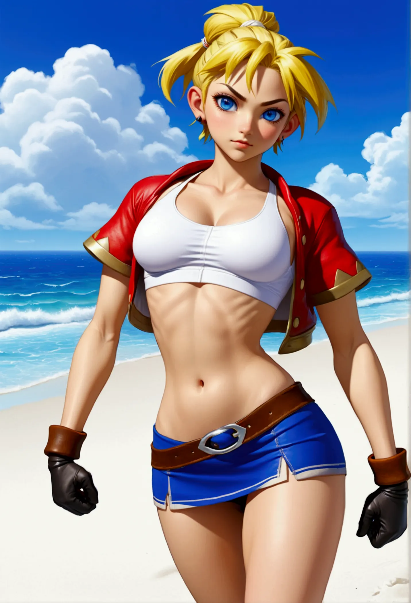 (promotional art), (whole body view), (kid from chrono cross), yellow hair in high ponytail braid, sapphire blue eyes, very slen...