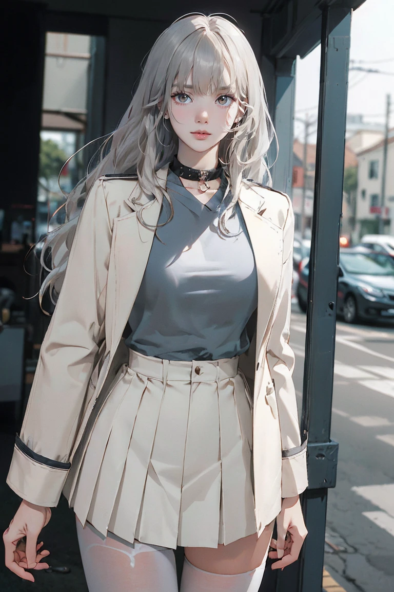 Layering,((On the outside, he is half-dressed in a white coat.)),(Sailor collar uniform),shirt, Pleated skirt,(Black Pantyhose),[:(Detailed face:1.2):0.2], RAW Photos, (masterpiece), (Highest quality), High resolution, (Realistic, photo-Realistic:1.2), Super detailed, Physically Based Rendering, One girl, Air Van, Long Hair, (Silver Hair), Wavy Hair,Large Breasts