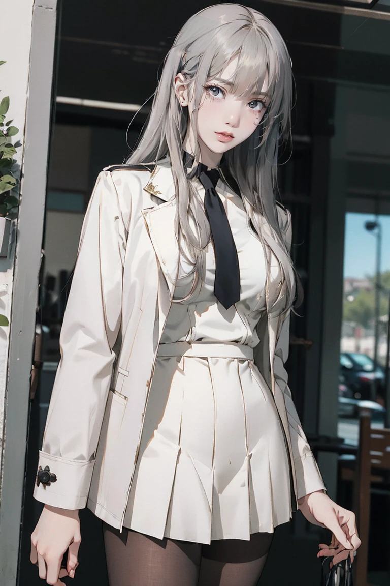 Layering,((On the outside, he is half-dressed in a white coat.)),(Sailor collar uniform),shirt, Pleated skirt,(Black Pantyhose),[:(Detailed face:1.2):0.2], RAW Photos, (masterpiece), (Highest quality), High resolution, (Realistic, photo-Realistic:1.2), Super detailed, Physically Based Rendering, One girl, Air Van, Long Hair, (Silver Hair), Wavy Hair,Large Breasts