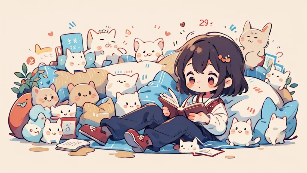 Micho style, masterpiece, Highest quality, 8k, Cute Girl Chibi，Reading a book