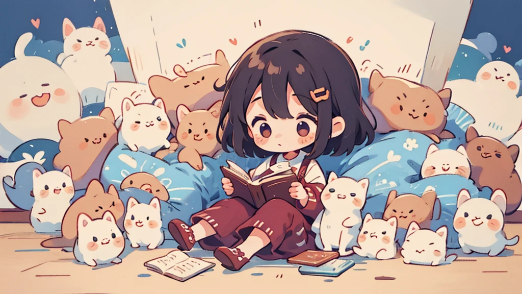 Micho style, masterpiece, Highest quality, 8k, Cute Girl Chibi，Reading a book