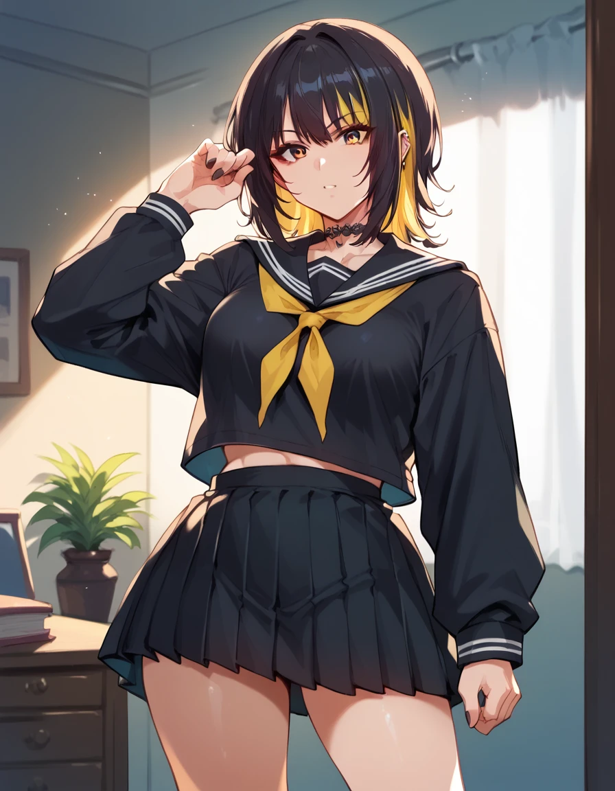 score_9, score_8_up, score_7_up, unaestheticXLv31, masterpiece, ultra-detailed, nsfw, Shiny skin, pretty eyes, BREAK, Black serafuku, long Sleeves, ikaruga_luca, standing, IDOL pose
