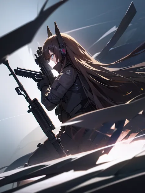 1 robot,  get noticed, holding_gun, assault_rifle, very detailed, brown hair, long hair, anime style, whole body, alone, stylish...