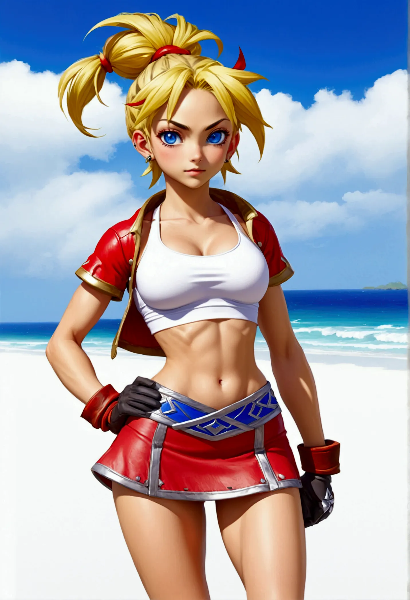 (promotional art), (whole body view), (kid from chrono cross), yellow hair in high ponytail braid, sapphire blue eyes, very slen...