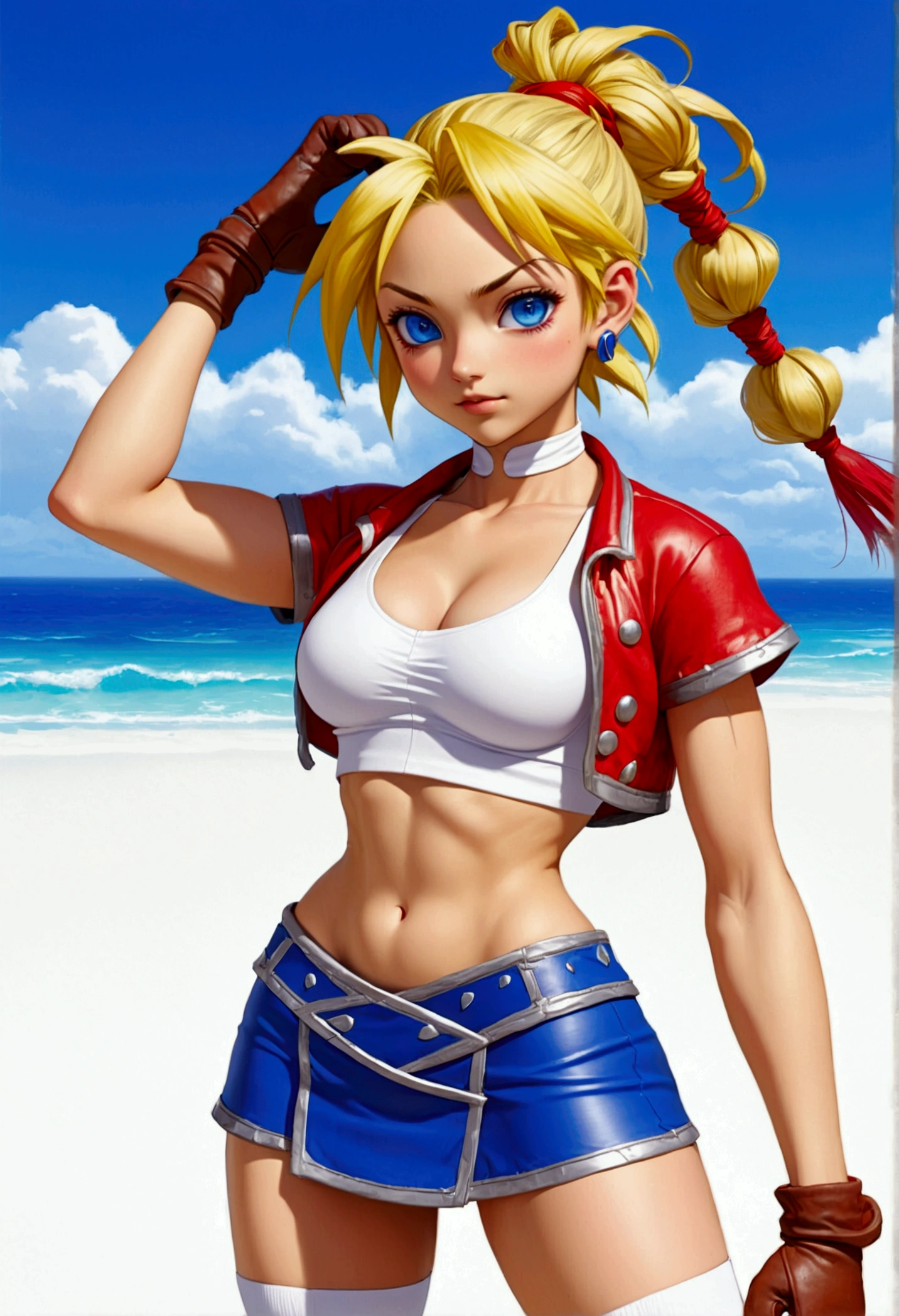 (promotional art), (Whole body view), (Kid from Chrono Cross), yellow hair in high ponytail braid, sapphire blue eyes, very slender toned frame, medium/large bust, pale white skin, (pair of white claw marks on both inner thighs;1.3), (strong glutes), fierce expression, BREAK: (tight red micro skirt with very high front slit), (skirt is red:1.25), high cropped red jacket with short sleeves, skin tight white sports bra under jacket, (tight white sports bra:1.25), loose brown leather ankle boots, BREAK: 1/4 walking pose, on a white sand beach, ocean spray shooting up behind her