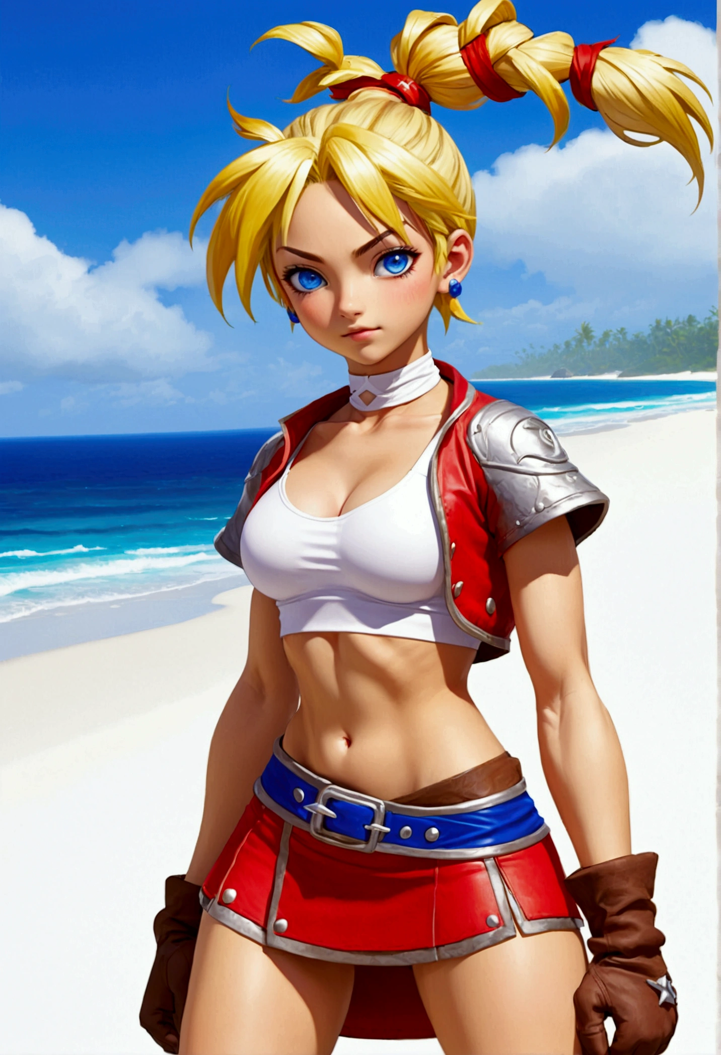 (promotional art), (Whole body view), (Kid from Chrono Cross), yellow hair in high ponytail braid, sapphire blue eyes, very slender toned frame, medium/large bust, pale white skin, (pair of white claw marks on both inner thighs;1.3), (strong glutes), fierce expression, BREAK: (tight red micro skirt with very high front slit), (skirt is red:1.25), high cropped red jacket with short sleeves, skin tight white sports bra under jacket, (tight white sports bra:1.25), loose brown leather ankle boots, BREAK: 1/4 walking pose, on a white sand beach, ocean spray shooting up behind her