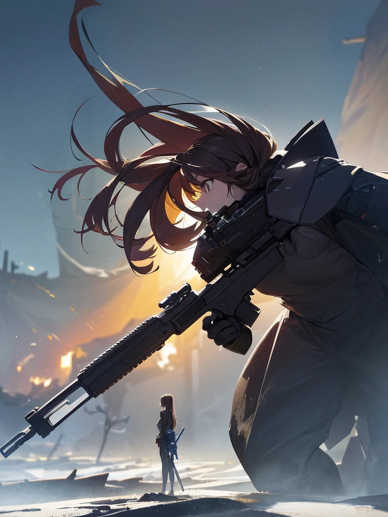 1 Robot, Get noticed, Holding_gun, assault_rifle, Very detailed, Brown Hair, Long Hair, Anime Style, whole body, alone, Stylish Gunfighter Girl, スチームパンクの長gun身ピストルを持っている,Standing in the Wilderness, 8K high resolution, White Background, The background is a dark and desolate landscape, Horror movie atmosphere. Her figure is very beautiful, Emphasizing the dark and crazy elements. Skillfully expressing the effects of light and shadow, Anime girls with guns and rifles, from Girl&#39; Forefront, Mechanized Soldier Girl