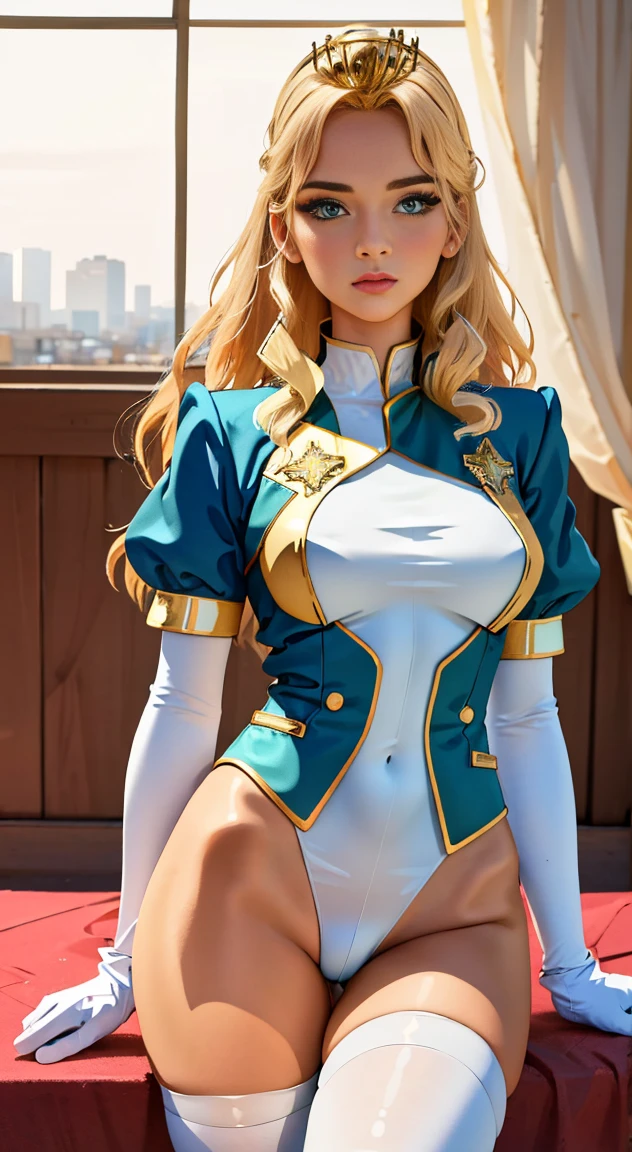 (best quality,highres,masterpiece:1.2),(realistic:1.37),ultra-detailed,Adora wearing skimpy white tights, white microbikini, massive breasts, red booty shorts, white gloves with golden accents,long blonde hair flowing in the wind,sparkling blue eyes with determination,shining gold tiara adorning her forehead,vivid colors illuminating the scene,seductive, posing on a bed, staring at viewer, pouty lips                                         
(turquoise, pale pink, and gold color tones),(angelic lighting)