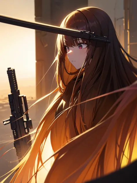 1 robot, get noticed, holding_gun, assault_rifle, very detailed, brown hair, long hair, anime style, whole body, alone, stylish ...