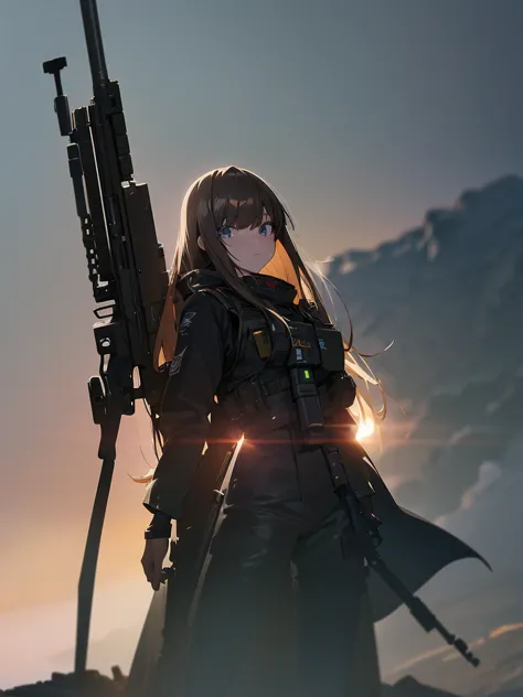 1 robot, get noticed, holding_gun, assault_rifle, very detailed, brown hair, long hair, anime style, whole body, alone, stylish ...