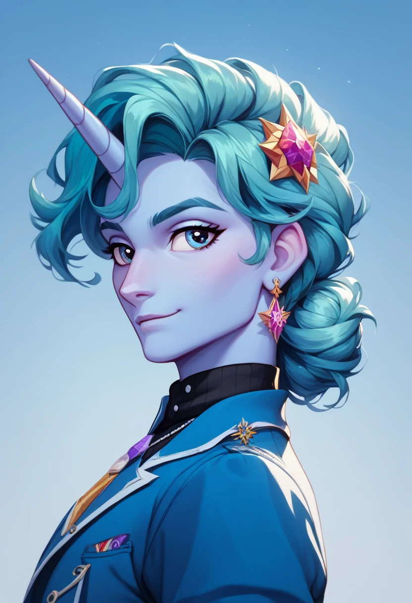 Pony unicorn, the skin color is light blue, the hair is pink and plum. Her hair is caught in a bun with a beautiful blue hairpin. The clothes are beautiful and sophisticated. The pony is elongated and mature. Decorating.Style artgerm, equestria. extremely detailed artgerm.
