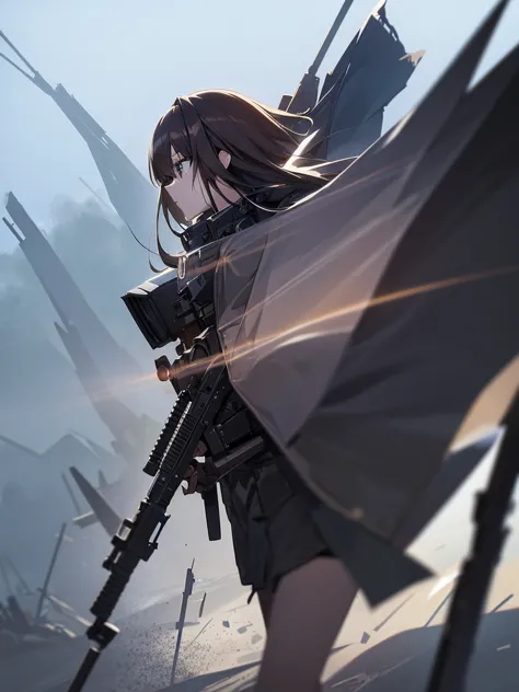 1 robot, attention, holding_gun, assault_rifle, very detailed, brown hair, long hair, anime style, whole body, alone, stylish gu...