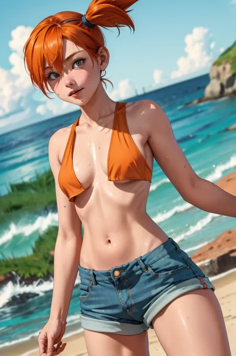 masterpiece, best quality, highres, 1girl, misty (pokemon), orange hair, solo, sexy face look, full of sweatsshorts, nude torso,...