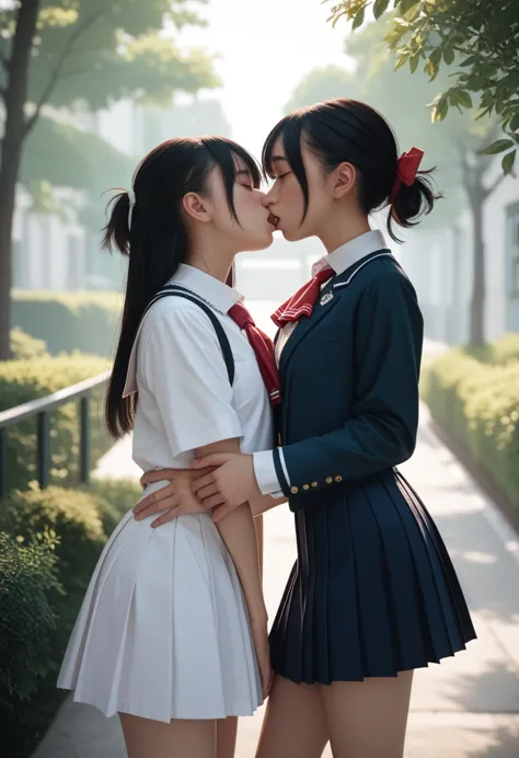 two girls,roromiya,ririchiyo,school uniform,ascot, masterpiece, highest quality、interaction、embrace each other、kiss