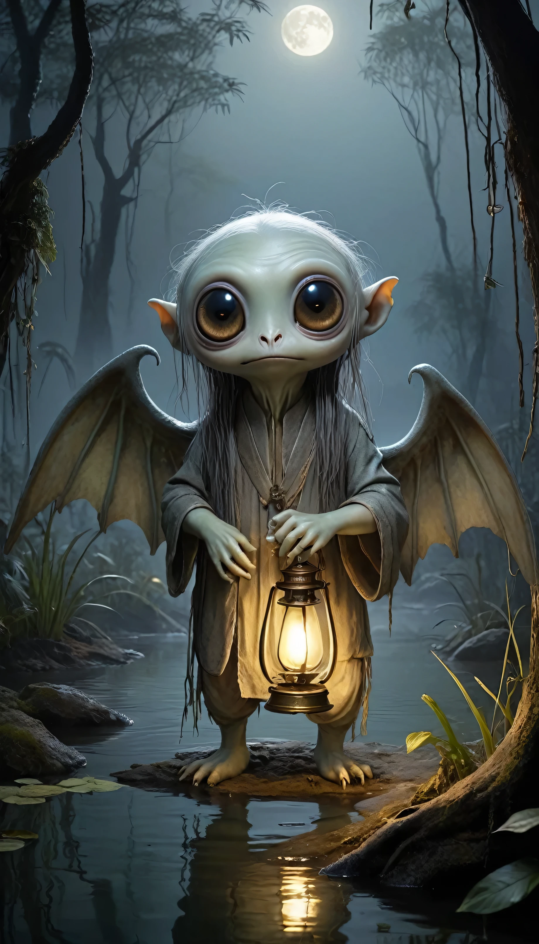 , Famous works of art (Luan Jia:1.4), detailed expressive eyes, Fantasy Style, Mysterious droopy-eared Chumble Grable, A Waxable monster that emerged from deep within the misty Jinxfragrantii Swamps of planet Dolphnupf V., here、It is depicted with its lamp-like wings shining in the moonlight as it grimzles.。, wood々Twist、Destroys medium-sized champagne toothed plants that shake surrounding will-o&#39;-the-wisp, Cracked texture、Off-center woody trunk, Nobby, Bipinnately lobed veins, Venules, Spiral, Serrated leaf margins, Orchid compound diffuse inflorescence tubular flowers, Lanceolate, Pink aggregate fruit, solid, Involved, Whorl of leaves, Creeping Roots