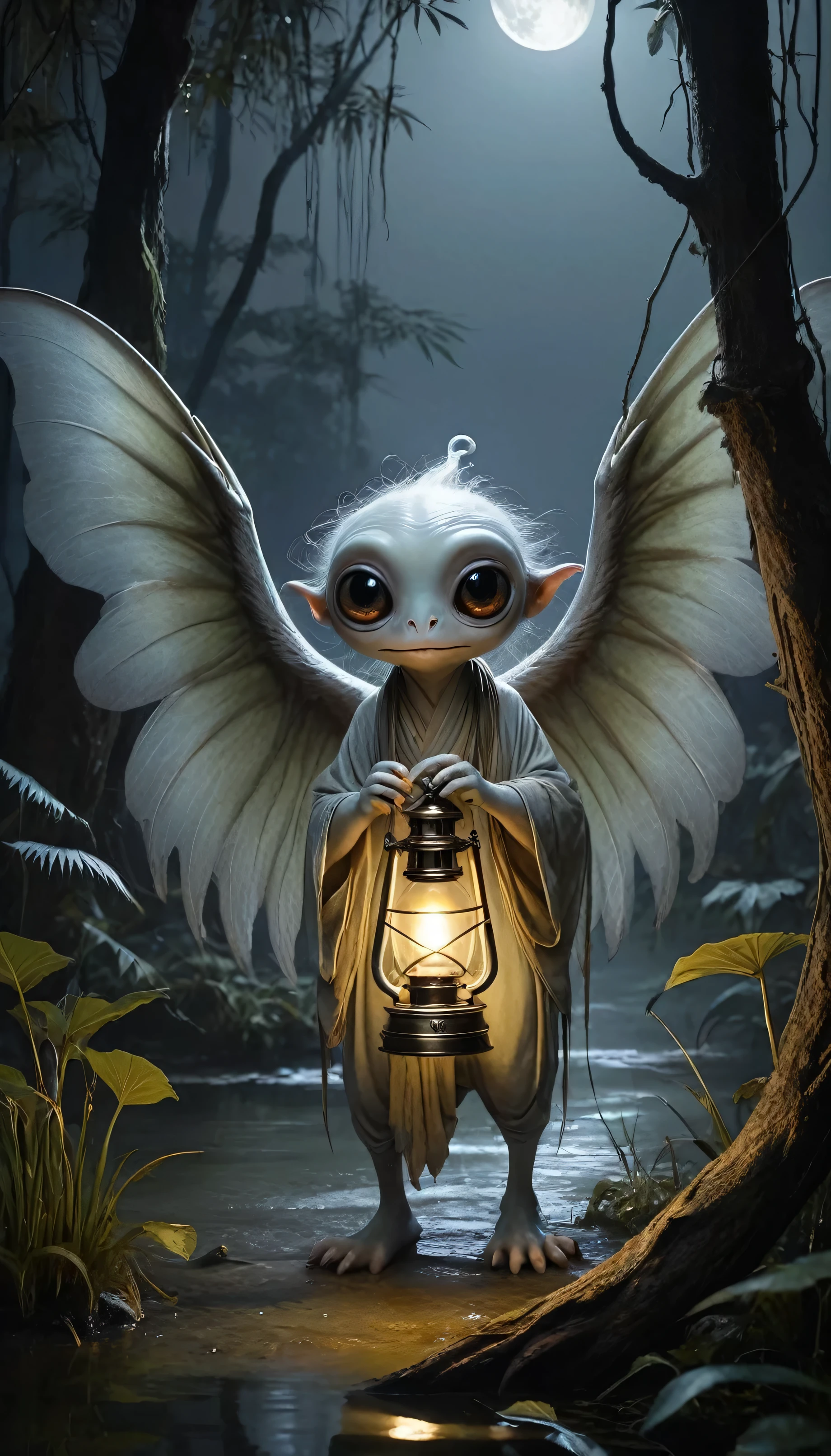 , Famous works of art (Luan Jia:1.4), detailed expressive eyes, Fantasy Style, Mysterious droopy-eared Chumble Grable, A Waxable monster that emerged from deep within the misty Jinxfragrantii Swamps of planet Dolphnupf V., here、It is depicted with its lamp-like wings shining in the moonlight as it grimzles.。, wood々Twist、Destroys medium-sized champagne toothed plants that shake surrounding will-o&#39;-the-wisp, Cracked texture、Off-center woody trunk, Nobby, Bipinnately lobed veins, Venules, Spiral, Serrated leaf margins, Orchid compound diffuse inflorescence tubular flowers, Lanceolate, Pink aggregate fruit, solid, Involved, Whorl of leaves, Creeping Roots