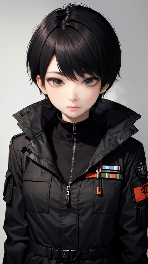 military woman black short hair, black eyes, black clothes, camouflage, coat, an indifferent expression on his face, doctor