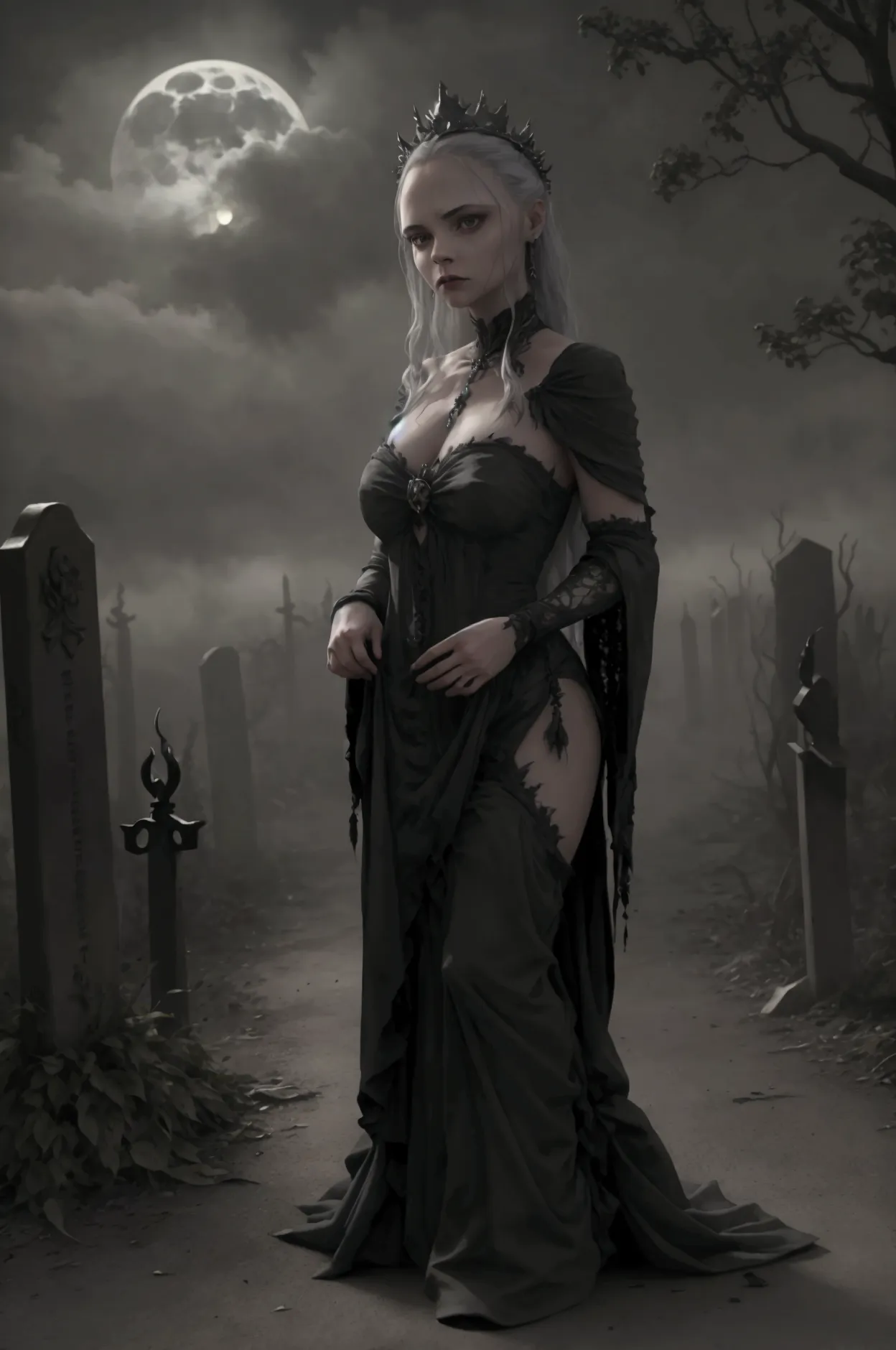 a ghostly queen of the dead, thorny crown, cemetery, full moon, dark fantasy, dramatic lighting, detailed face and eyes, long fl...