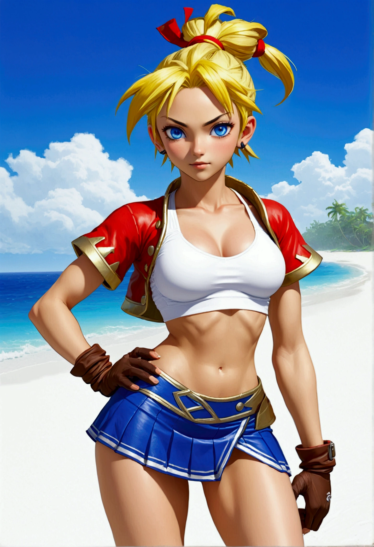 (promotional art), (Whole body view:1.25), (Kid from Chrono Cross), yellow hair in high ponytail braid, sapphire blue eyes, very slender toned frame, medium/large bust, flat tummy, pale white skin, (pair of white claw marks on both inner thighs;1.3), (strong glutes), fierce expression, BREAK: (tight red micro skirt with very high front slit), (skirt is red:1.4), high cropped red jacket with short sleeves, skin tight white sports bra under jacket, (tight white sports bra:1.25), loose brown leather ankle boots, BREAK: 1/4 walking pose, on a white sand beach, ocean spray shooting up behind her