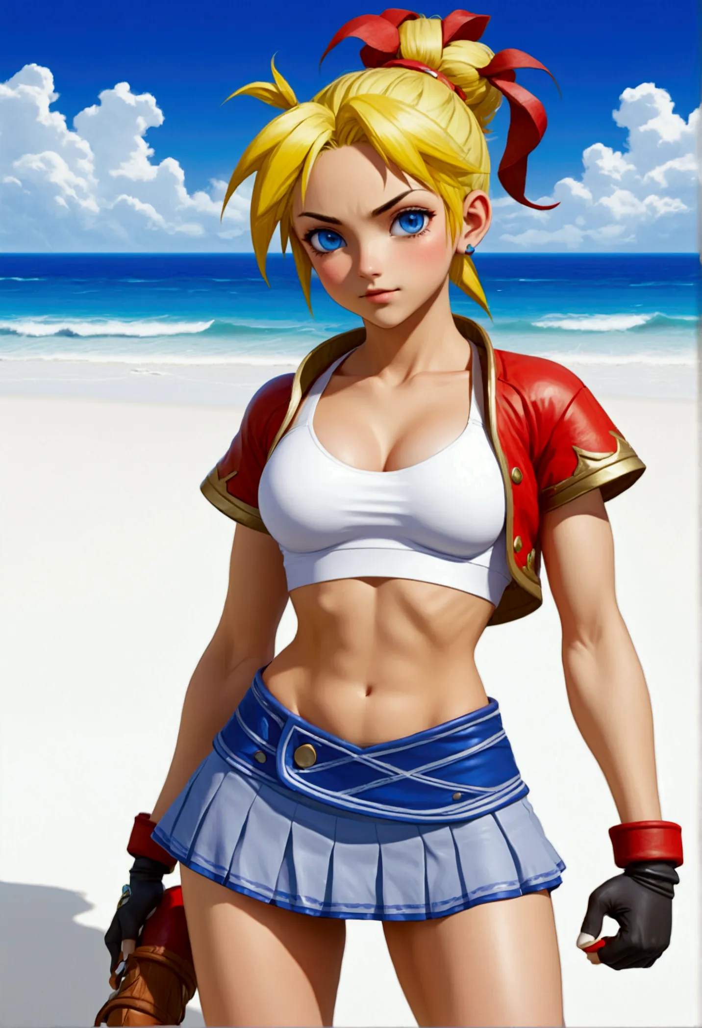 (promotional art), (whole body view:1.25), (kid from chrono cross), yellow hair in high ponytail braid, sapphire blue eyes, very...