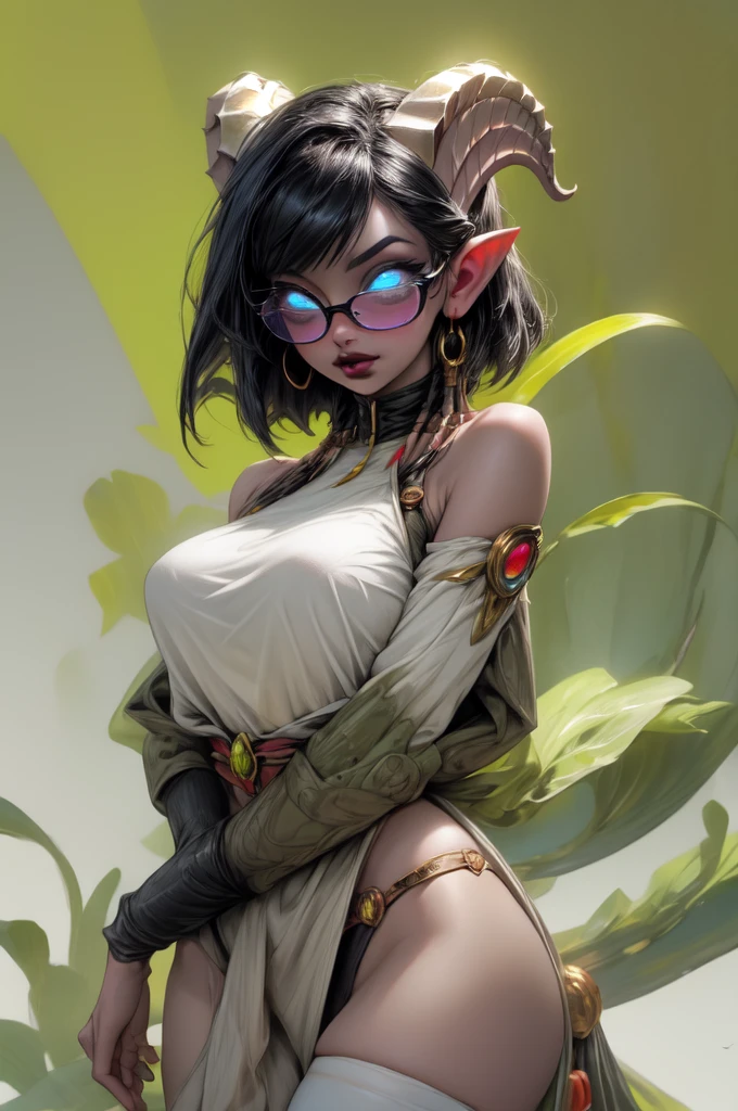 masterpiece, best quality, 1girl, solo, draenei, glowing eyes, colored sclera, tail ornament, hooves, white skin, blue eyes, black hair, shiny silver pouty lips, (tentacle hair:0.8), close-up, upper body, hair ornament, plump and large breasts, shiny skin, shiny silver lipstick, glasses, bob hair cut, fantasy, magic, psy powers, thigh highs