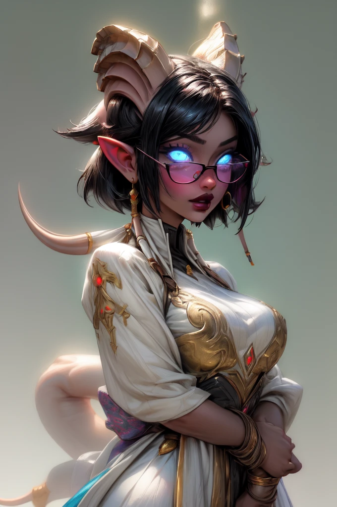 masterpiece, best quality, 1girl, solo, draenei, glowing eyes, colored sclera, tail ornament, hooves, white skin, blue eyes, black hair, shiny silver pouty lips, (tentacle hair:0.8), close-up, upper body, hair ornament, plump and large breasts, shiny skin, shiny silver lipstick, glasses, bob hair cut, fantasy, magic, psy powers, slutty dress