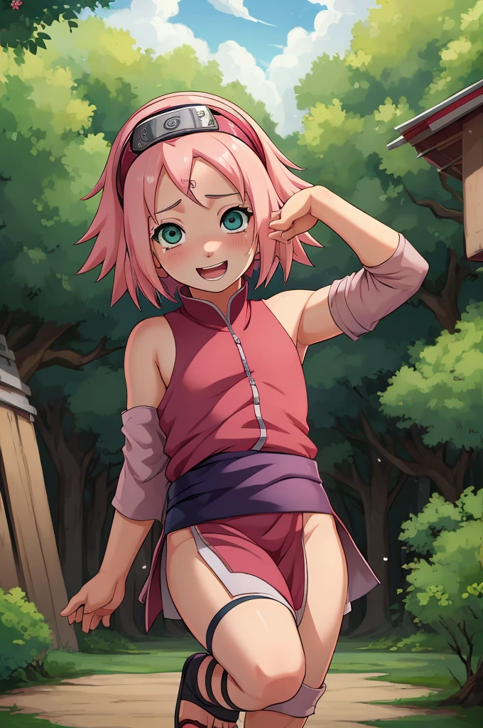 konoha headband on forehead, Nsfw, ((ultra quality)), ((masterpiece)), girl 5 years old, Haruno Sakura as a child, naruto, (on the face (pride:1.0), (excitation:1.0), (fear:0.0)), carefree happy childhood, the girl plays carefree, happy child, masturbates