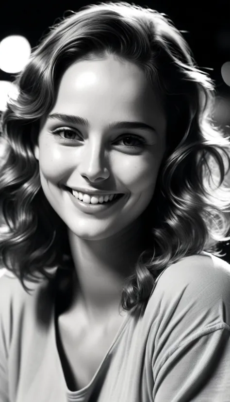 80's footage,low resolution image, professional photograpy, documentary black and white photo style , natalie portman smiling,35...