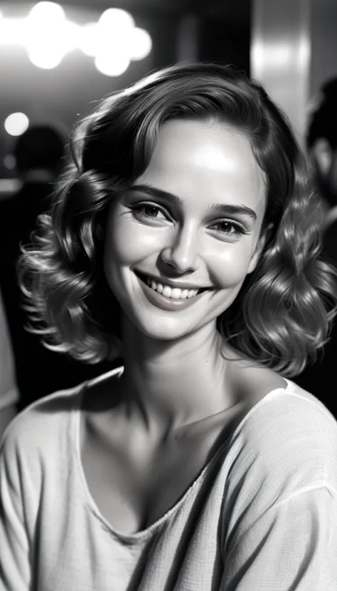 80's footage,low resolution image, professional photograpy, documentary black and white photo style , natalie portman smiling,35...