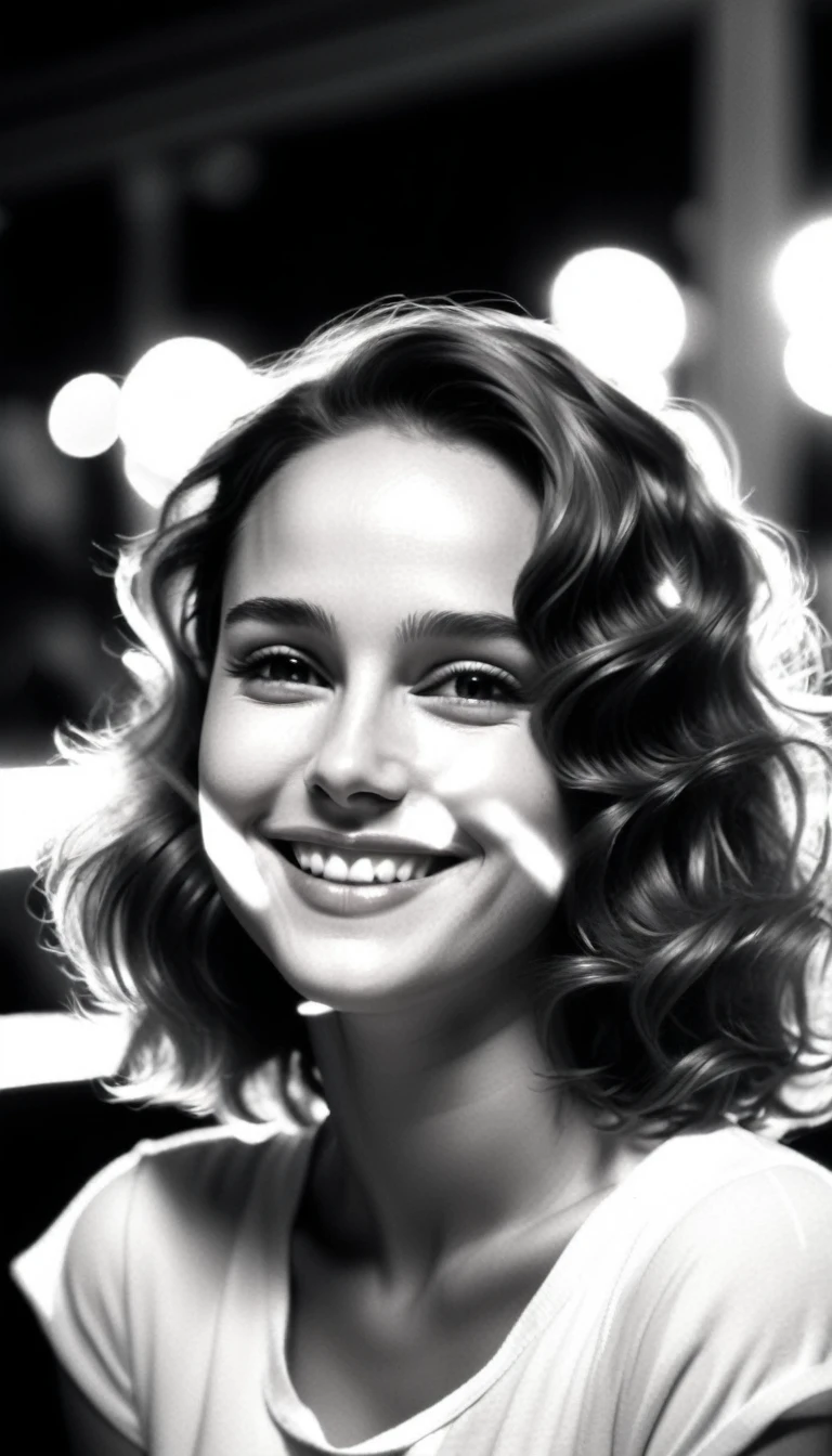 80's footage,low resolution image, Professional photograpy, documentary black and white Photo style , Natalie Portman smiling,35mm photograph, film grain,skin pores, eyes catchlights,braless, oversize t-shirt 