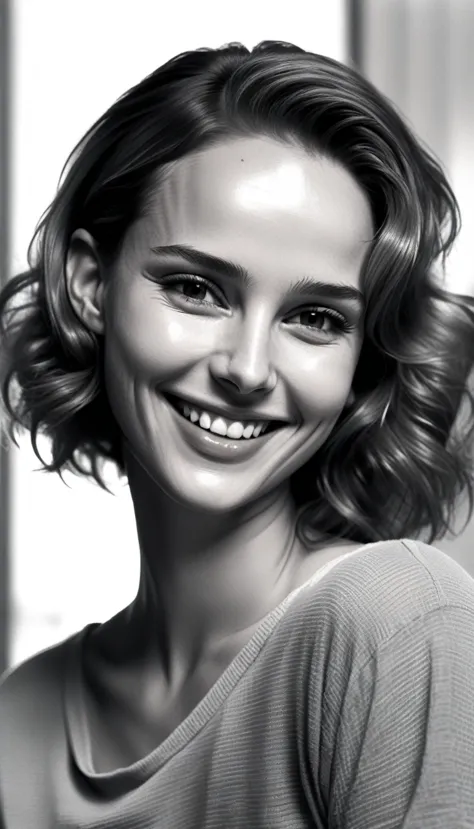 80's footage,low resolution image, professional photograpy, documentary black and white photo style , natalie portman smiling,35...