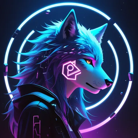 futuristic, cyberpunkstyle, cool, symbol logo, facial profile, 8k, a wolf, crystals floating in a circle