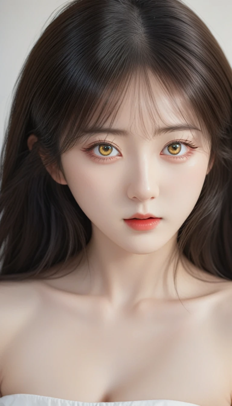 (Ultra-realistic, Realistic:1.495), (figure), (High resolution), (8k), (Very detailed), (best figure), (beautiful Detailed eyes), (Highest quality), (Very detailed), (masterpiece), (wallpaper), (Natural light), (Rim Light), (Detailed face), (Very detailedリアルな肌の質感), (Anatomically correct), (alone), (1 girl), (Very detailedリアルな髪), (Shiny black hair:1.35), (heterochromatic eyes), (Detailed eyes), (Bright yellow eyes:1.37), (Sparkling eyes), (Realistic and flexible big breasts:1.5), (Exposed nipple breasts:1.35), (Long legs), (Slim Abs), (Dynamic pose), (closed small mouth:1.3), (Browsing Caution), (Focused Expression), (topless), (Italian women, K-Pop Idols, J-POPアイドル:1.498), (Upper body from head to thighs:1.51)