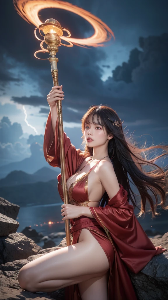 a stunning oriental female mage, sexy, erotic, sensual, long hair with coloured highlights, bangs, wearing  sexy mage robes with a clothing cutout, holding a staff aloft in her hand lifted up towards the sky, calling down thunder and lightning from a surreal, stormy sky, with reddish clouds appearing to boil and swirl, spiraling around a black hole. Perfect Composition, realistic photographic image, RAW photo highest quality, viewed from the side