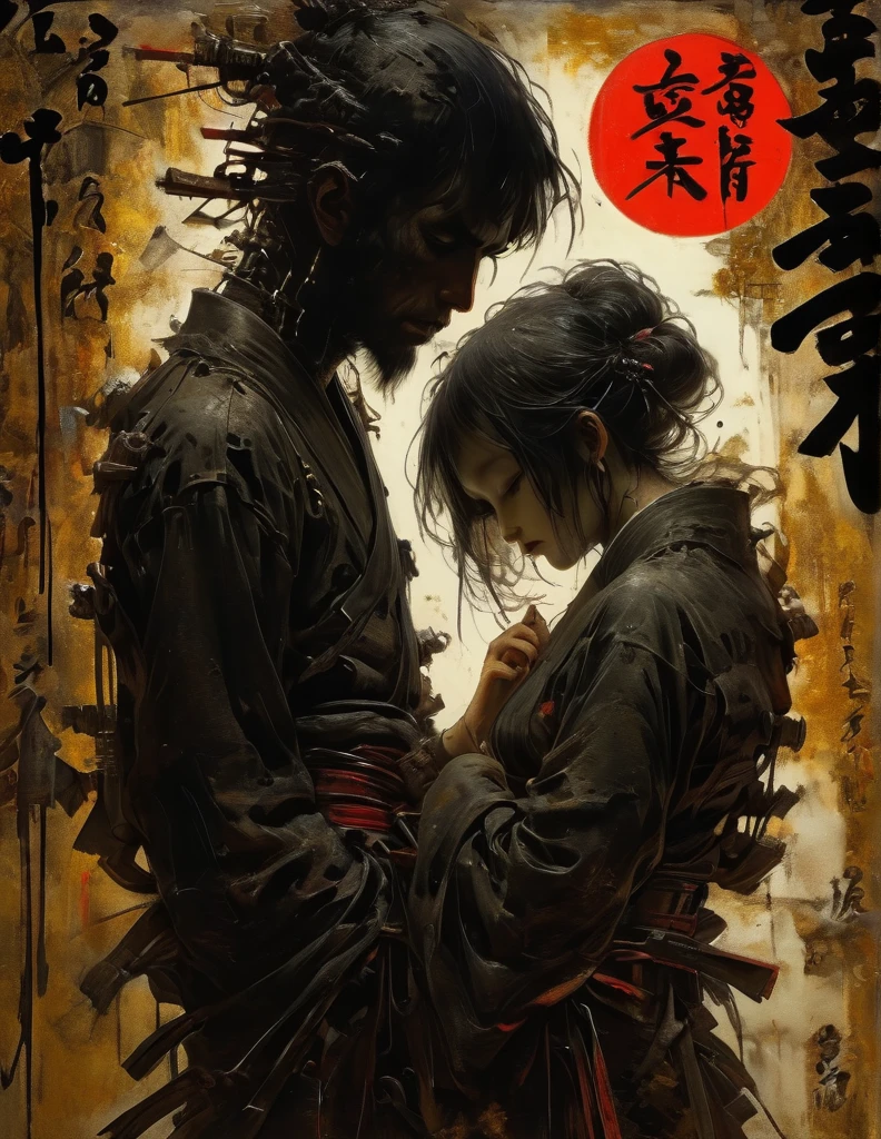 arte de Charles Douglas Richardson y Mór Than y John Berke, atmósfera vengativa y bulliciosa, siluetas, personajes delineados sobre un fondo brillante, evocar intimidad sin detalles explícitos, estética del ukiyo japonés, enmarcado, ingenioso opus magnum con detalles incomparables, 