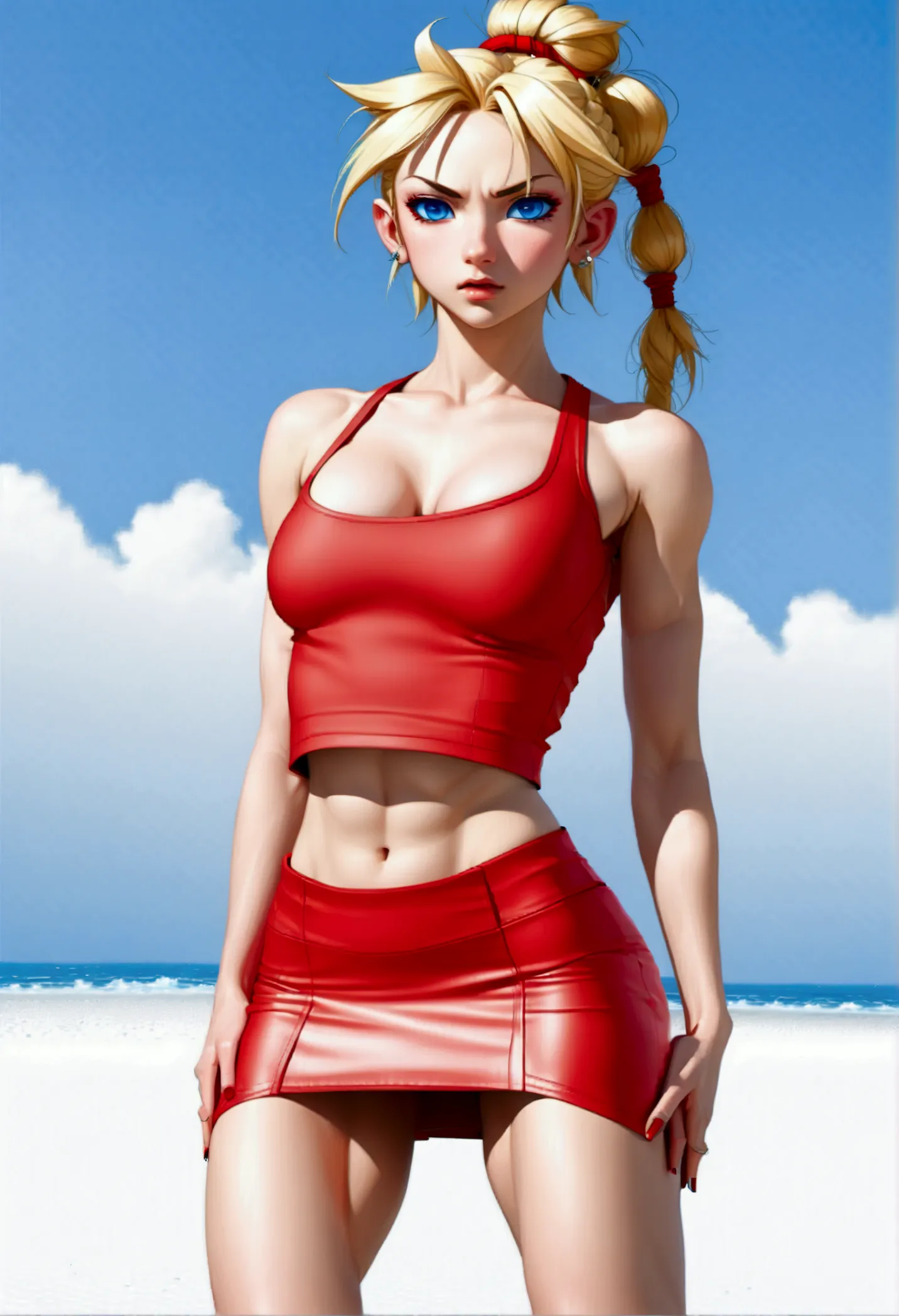 (promotional art), (whole body view:1.25), (kid from chrono cross), yellow hair in high ponytail braid, sapphire blue eyes, very...