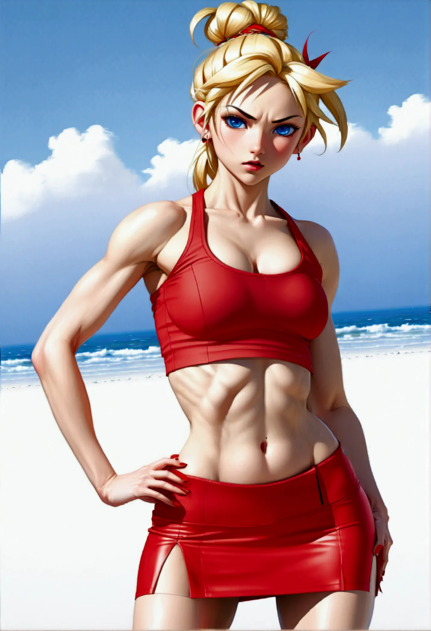 (promotional art), (whole body view:1.25), (kid from chrono cross), yellow hair in high ponytail braid, sapphire blue eyes, very...