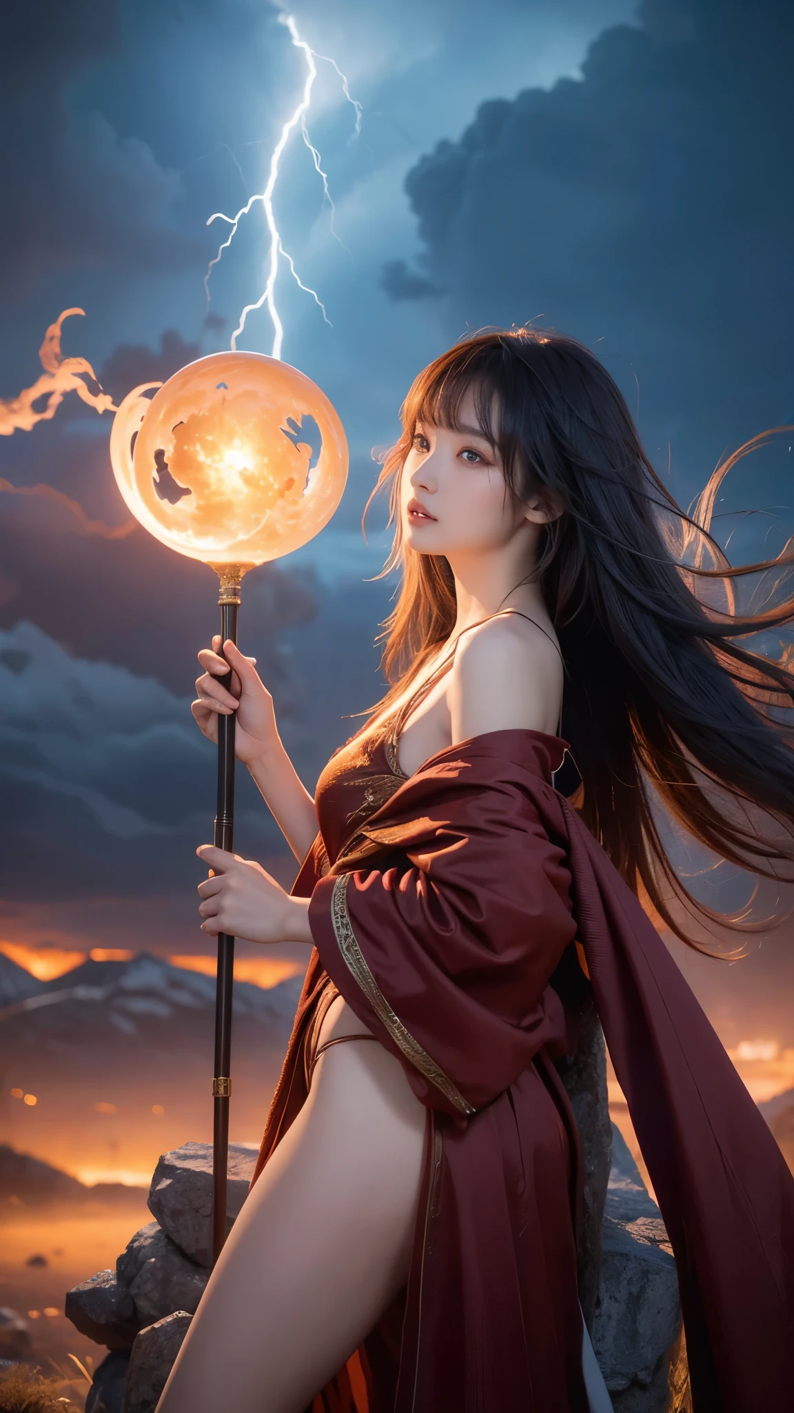 a stunning oriental female mage, sexy, erotic, sensual, long hair with coloured highlights, bangs, wearing  sexy mage robes with a clothing cutout, holding a staff aloft in her hand lifted up towards the sky, calling down thunder and lightning from a surreal, stormy sky, with reddish clouds appearing to boil and swirl, spiraling around a black hole. Perfect Composition, realistic photographic image, RAW photo highest quality, viewed from the side