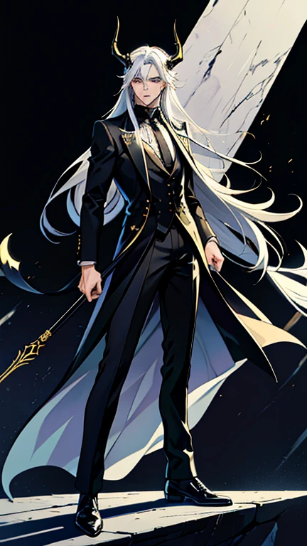 Handsome, solo, 1 male, long hair, white hair, yelow eye, wearing a black shirt, black and white suit, and black dress shoes, with two golden horns, standing while holding a black halberd.