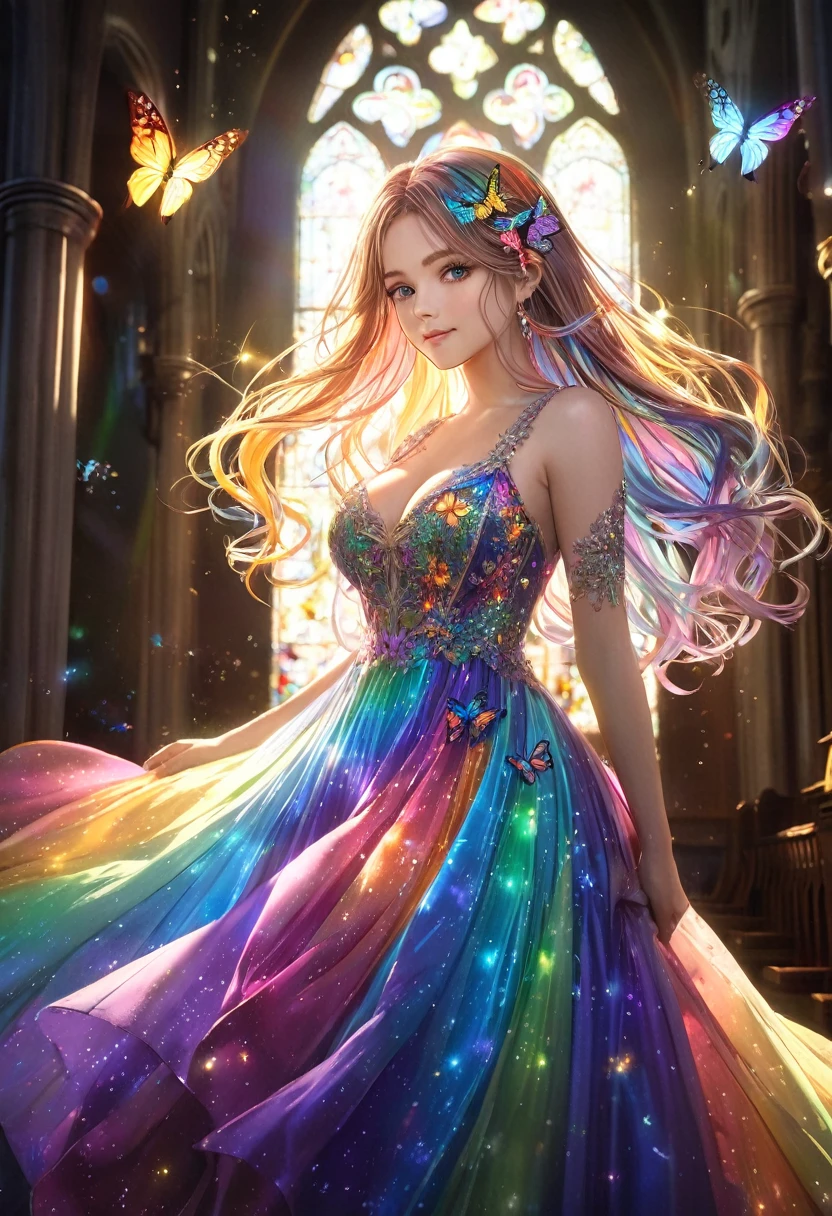 1girl, masterpiece, extremly detailed, ((Cinematic lighting)), (glowing), ((dramatic lighting)), ((beautiful detailed glow)), intricate detail, lens flare, multicolored hair, rainbow hair, long hair, multicolored dress, butterfly hair ornament, butterflies, (light particles), Arms behind back, large breasts, [curvy], cowboy shot, light smile, green eyes, church, stained glass, spotlight, dark background, floating hair, floating hair, looking at viewer,((colorful))