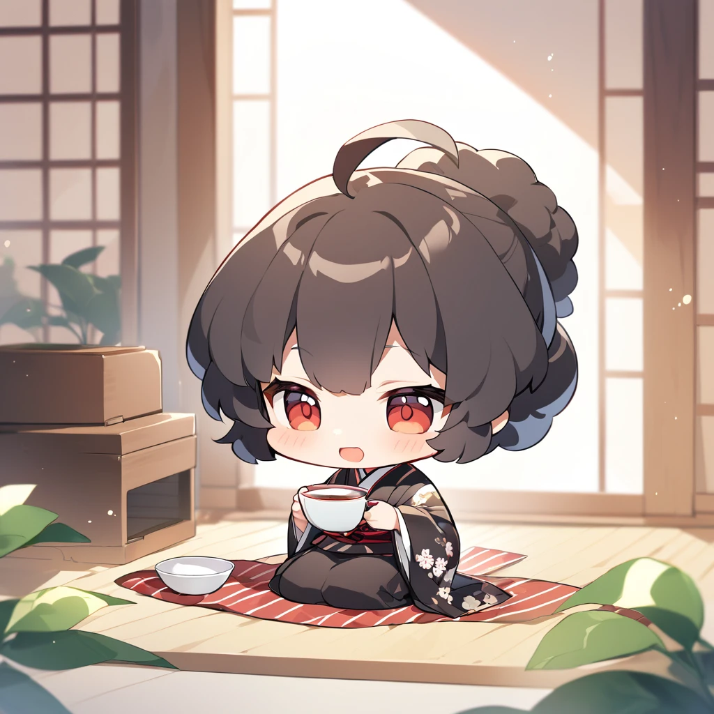 A girl with an afro in a kimono sits in seiza position、Offering Japanese tea、Chibi Character、Ahoge、Black Hair、Focus on the head