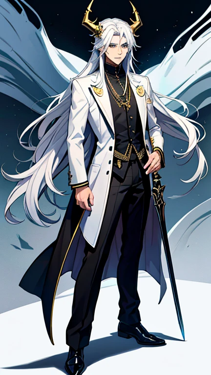 Handsome, solo, 1 male, long hair, white hair, yelow eye, wearing a black shirt, black and white suit, and black dress shoes, with two golden horns, standing while holding a black sword.