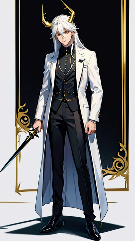 Handsome, solo, 1 male, long hair, white hair, yelow eye, wearing a black shirt, black and white suit, and black dress shoes, with two golden horns, standing while holding a black sword.