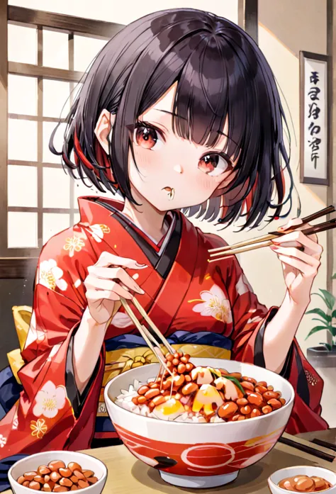 illustration of a girl in a red kimono eating natto rice with chopsticks、black hair bob cut