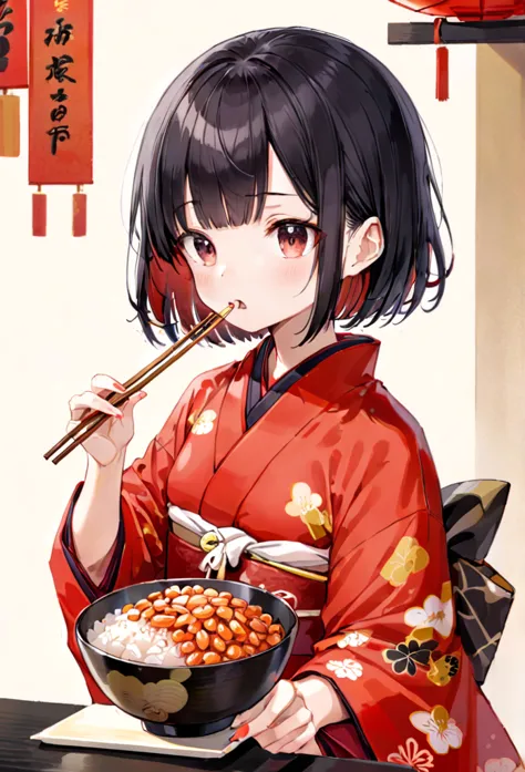 illustration of a girl in a red kimono eating natto rice with chopsticks、black hair bob cut