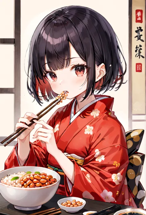 illustration of a girl in a red kimono eating natto rice with chopsticks、black hair bob cut