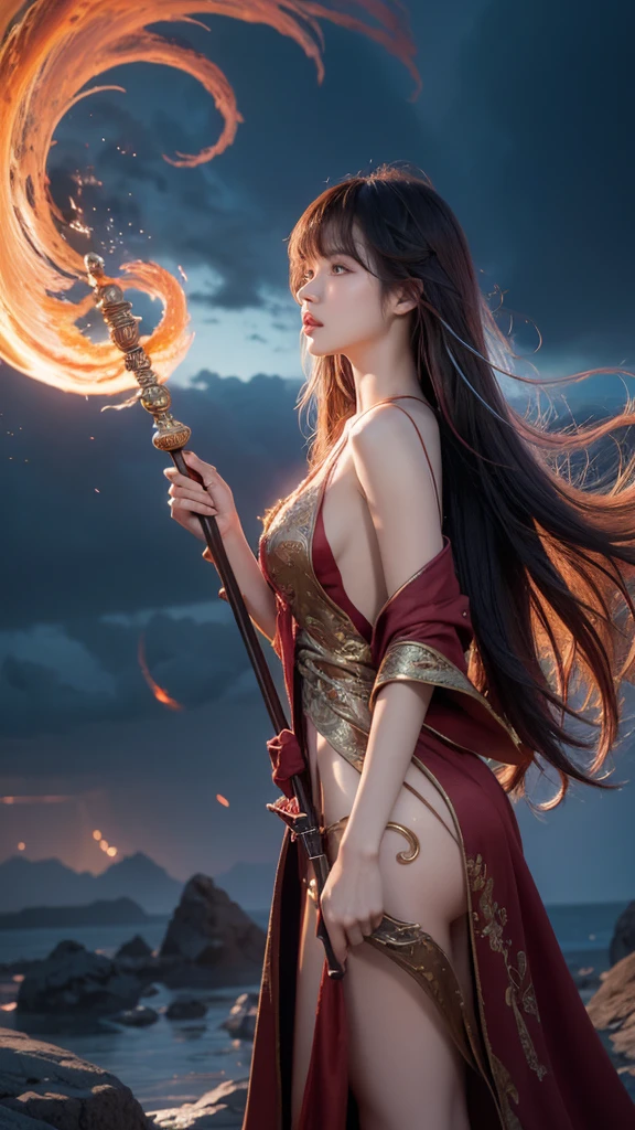 a stunning oriental female mage, sexy, erotic, sensual, long hair with coloured highlights, bangs, wearing  sexy mage robes with a clothing cutout, holding a staff aloft in her hand lifted up towards the sky, calling down thunder and lightning from a surreal, stormy sky, with reddish clouds appearing to boil and swirl, spiraling around a black hole. Perfect Composition, realistic photographic image, RAW photo highest quality, viewed from the side