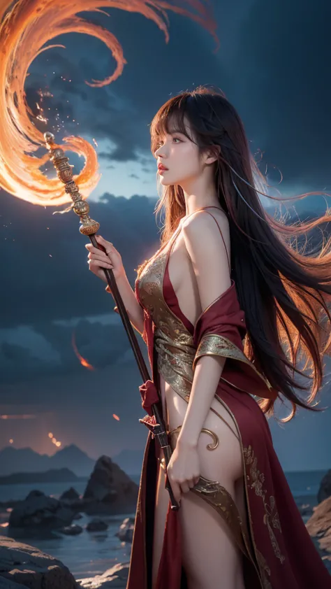 a stunning oriental female mage, sexy, erotic, sensual, long hair with coloured highlights, bangs, wearing  sexy mage robes with...